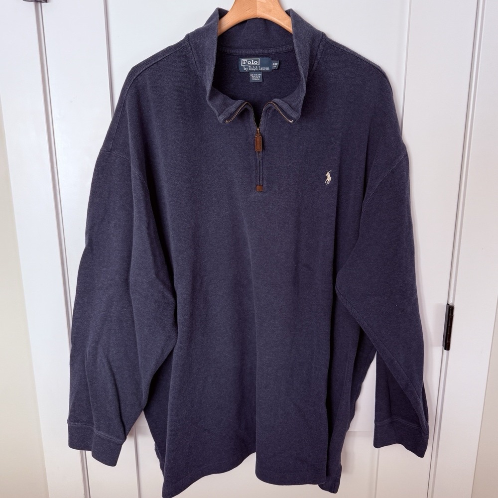 Vtg. Polo Ralph Lauren Pullover Mens 4XB Blue 100% Cotton Quarter Zip White Pony